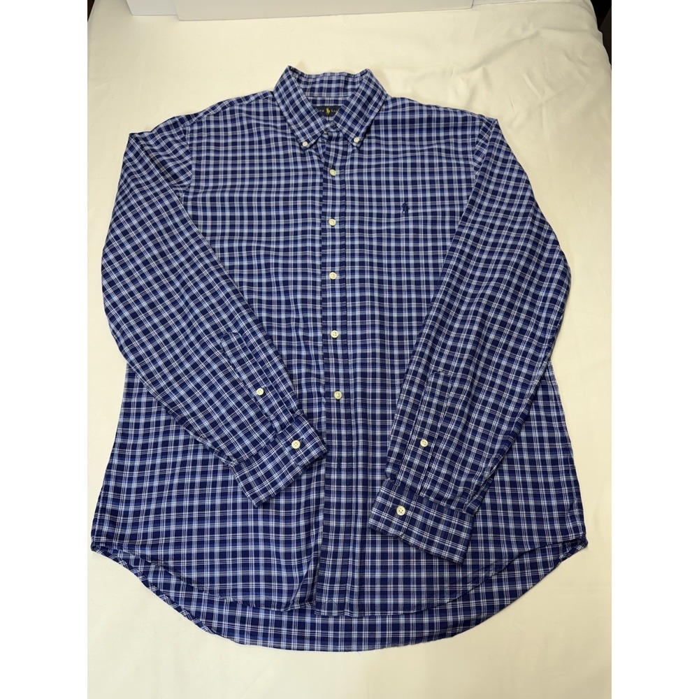 Ralph Lauren Men’s Blue Plaid Classic Logo Pony Preppy Large Dress Shirt